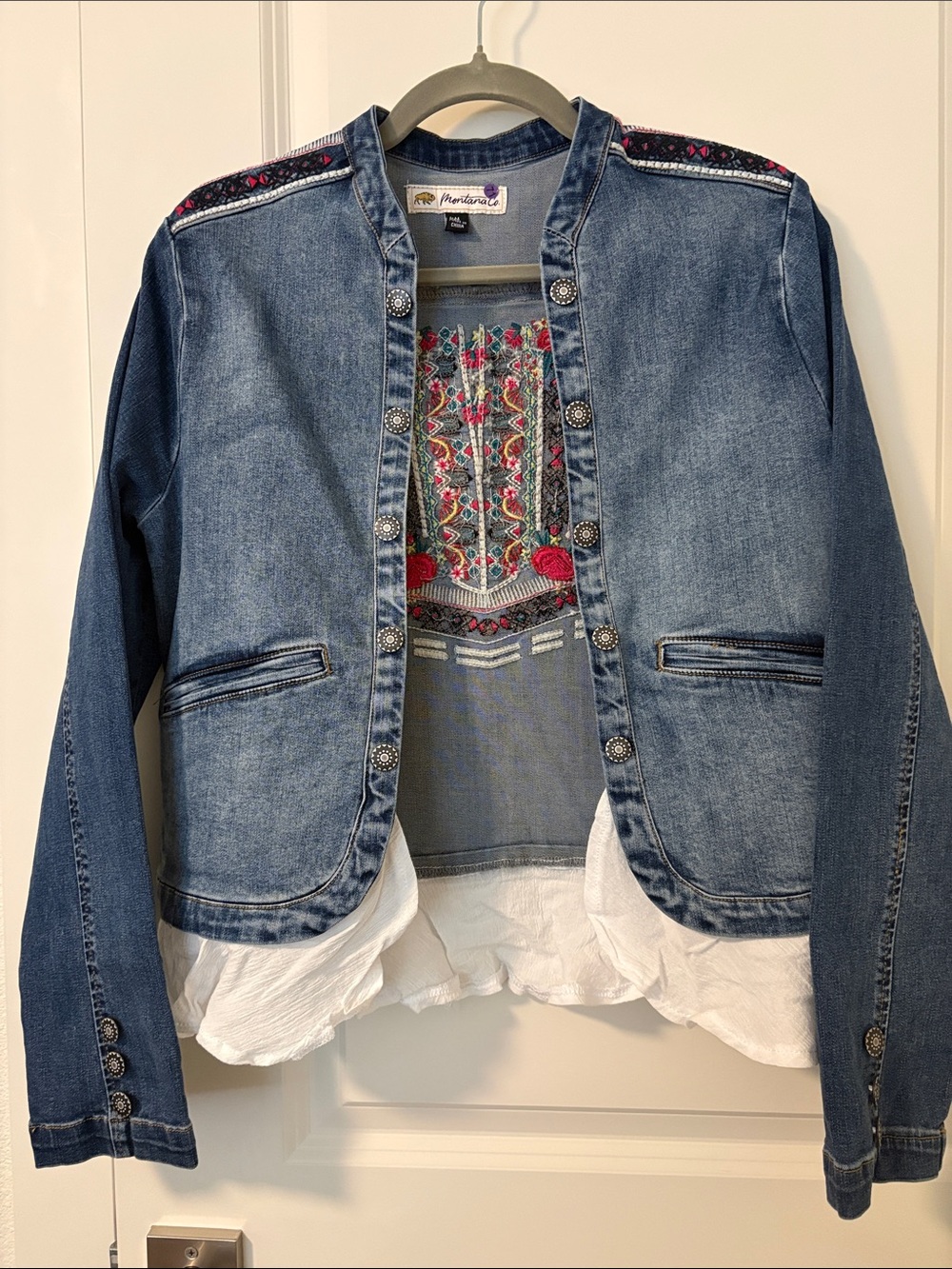 Embroidered Blue Denim Jacket with White Ruffle Hem NWOT